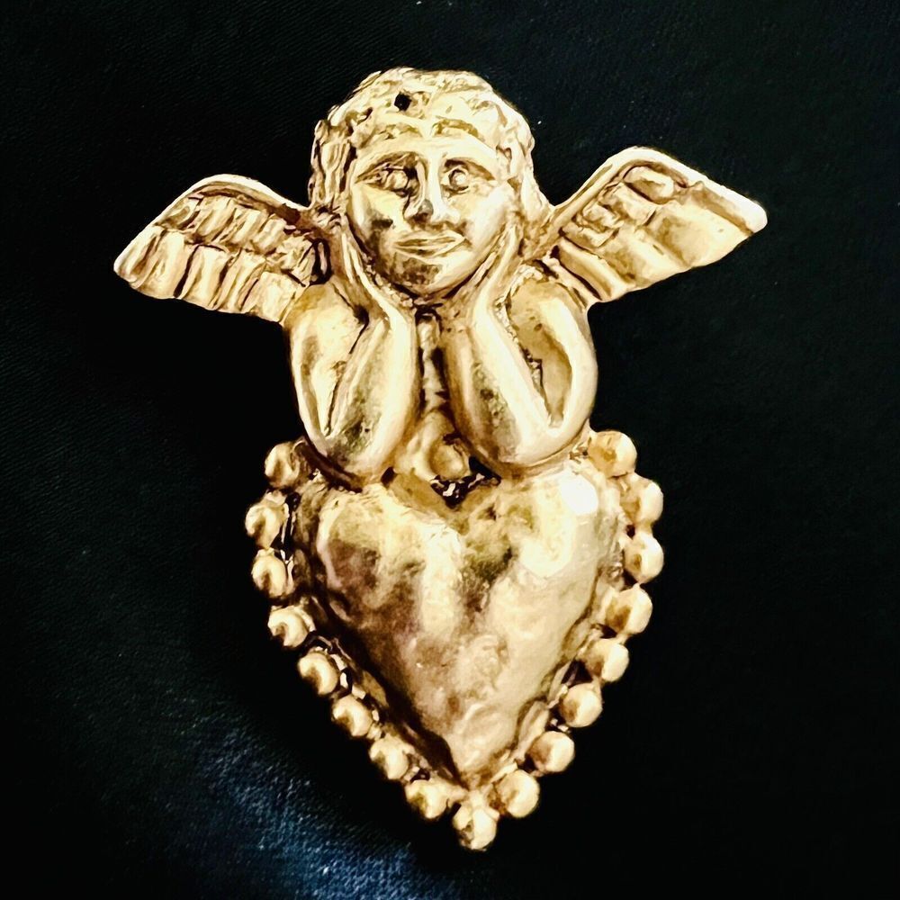 Vintage The Original Arizona Jean Company Gold Cherub Angel Heart Brooch 4039